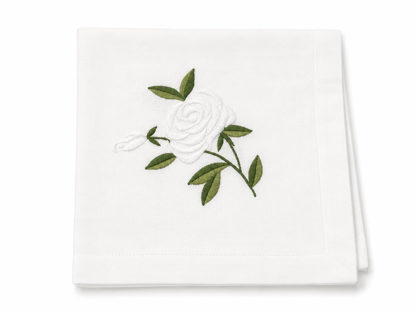 Washable White/Green Rose Napkin - 20” x 20” Set of 4