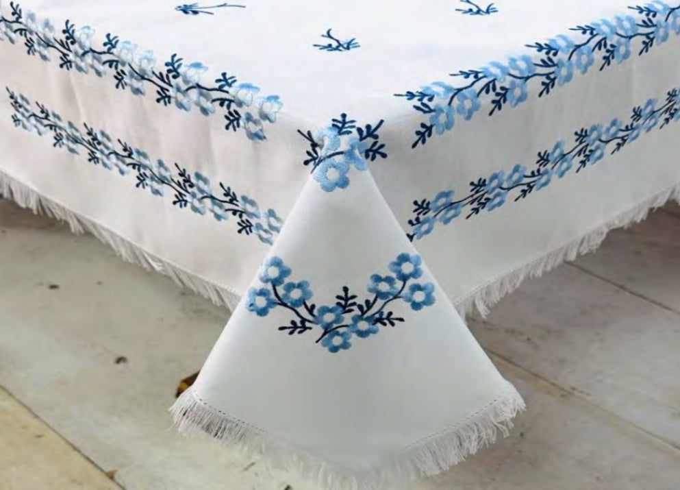 Blue Flower Frayed Edge Tablecloth