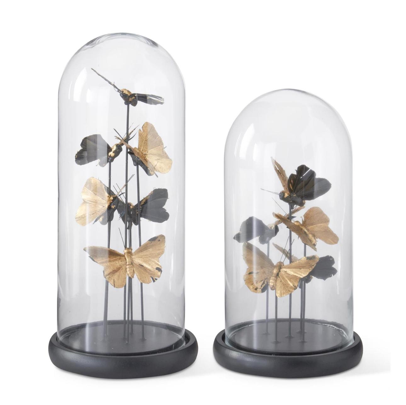Glass Cloche w/Gold Butterflies Set of 2