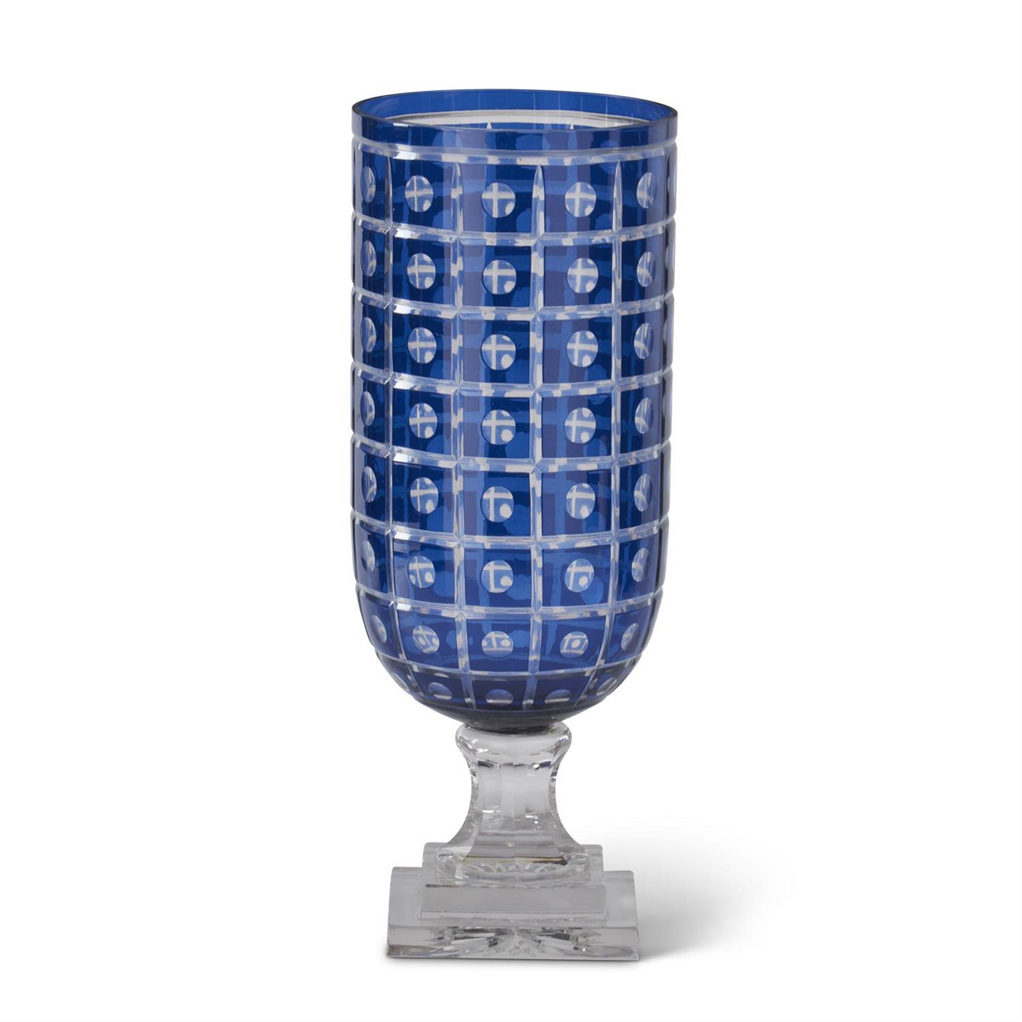 Blue Dot Cut Vase with Clear Glass Pedestal 15”