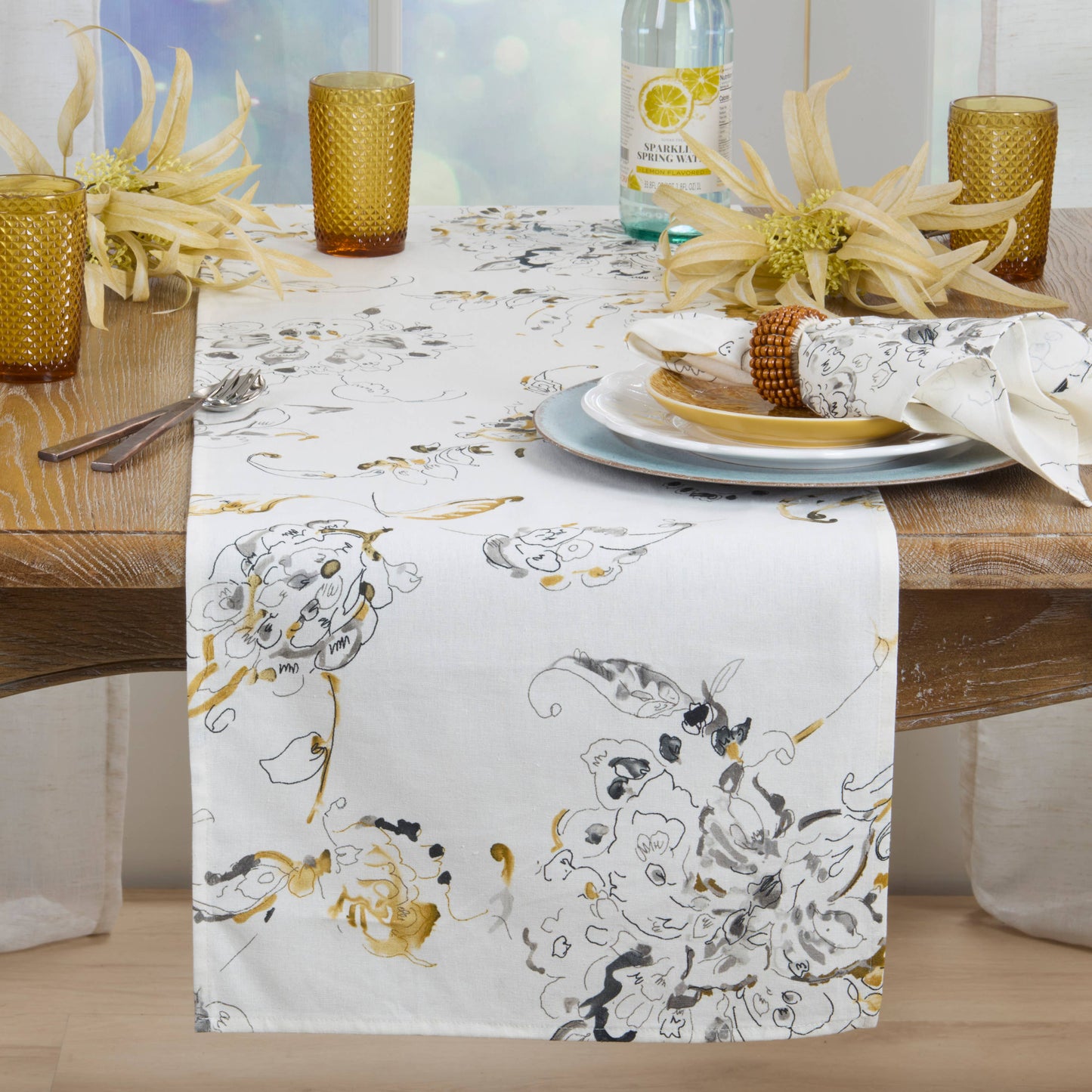 Modern Floral Linen Blend Table Runner: Marigold / 16"x72"