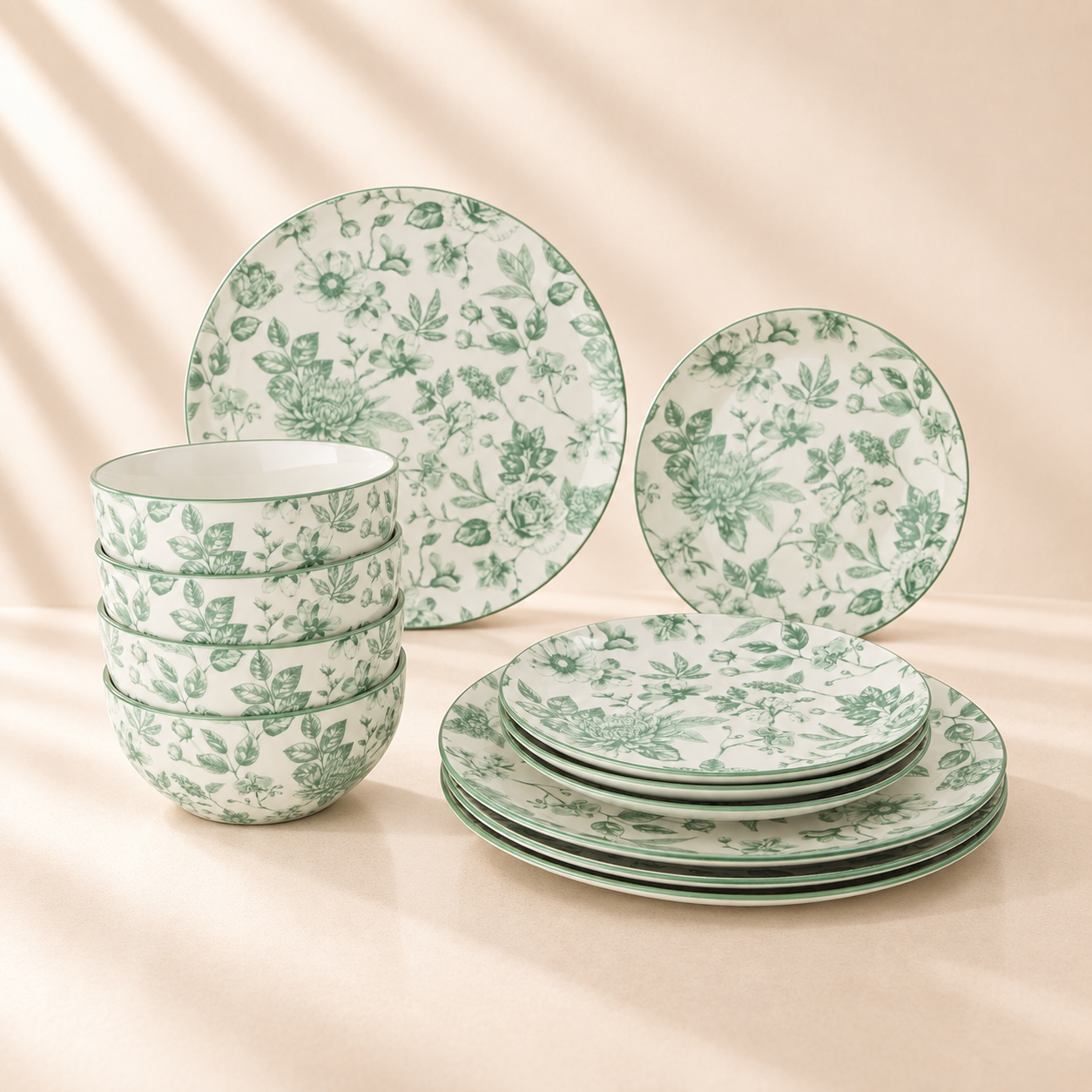 Dahlia Toile Serene Pine Collection Dinnerware Set 12pcs