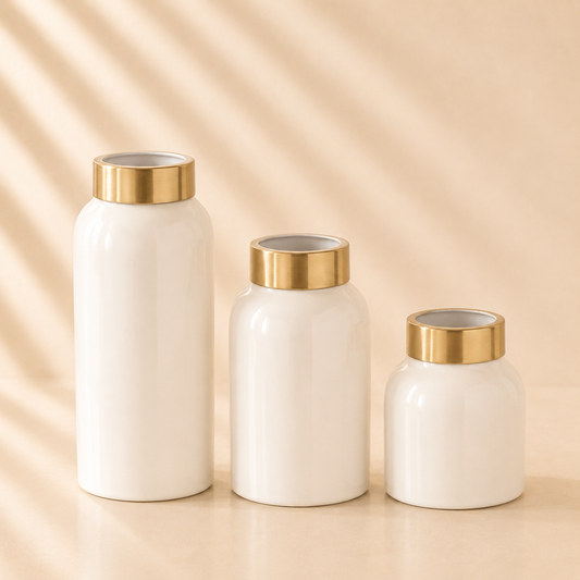 Gold Rim White Enameled Metal Vase