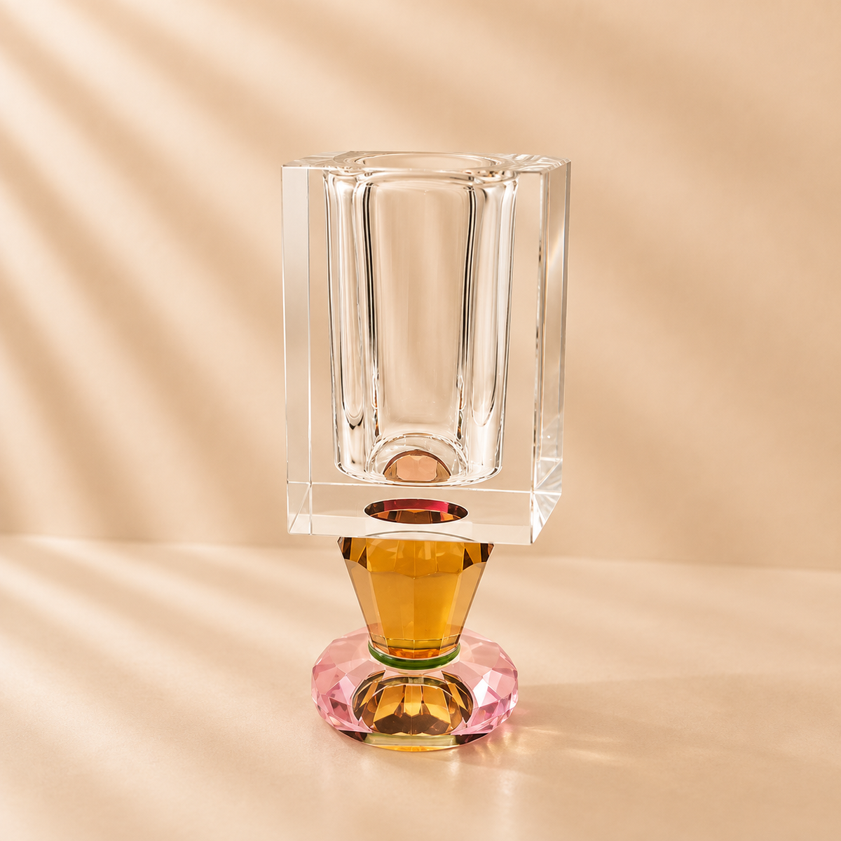 Crystal Vase with Pink and Amber Base 7.5”