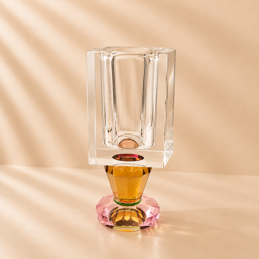 Crystal Vase with Pink and Amber Base 7.5”