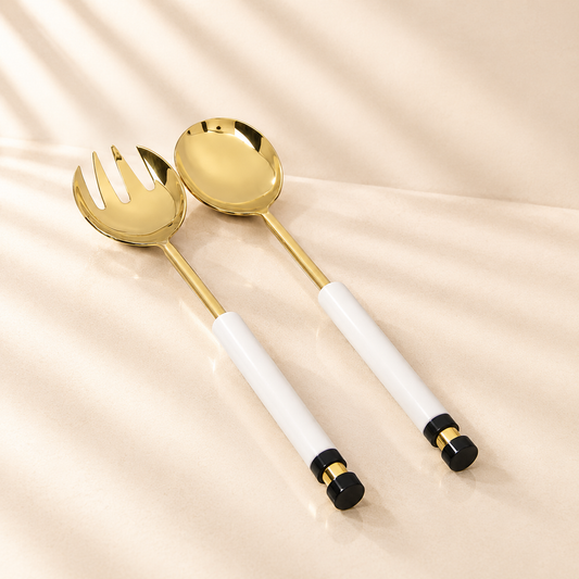Gold Salad Servers-White Handle