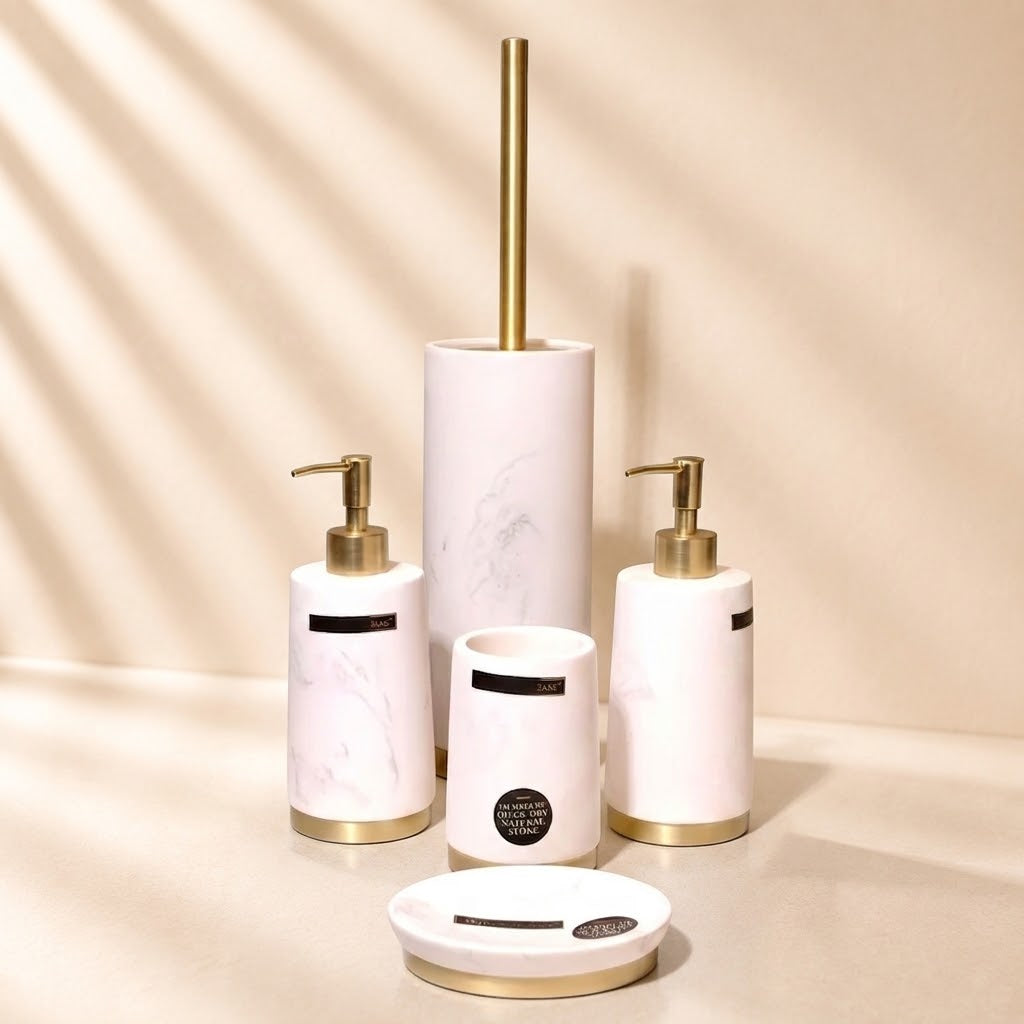 Marble with Gold Metal Base Bathroom Set 5 Piece Set