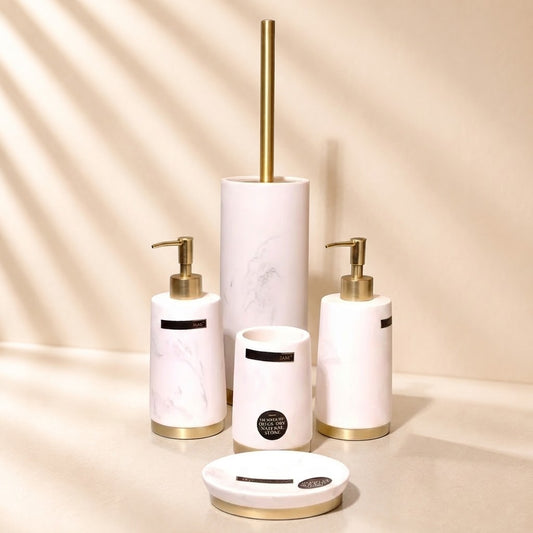 Marble with Gold Metal Base Bathroom Set 5 Piece Set