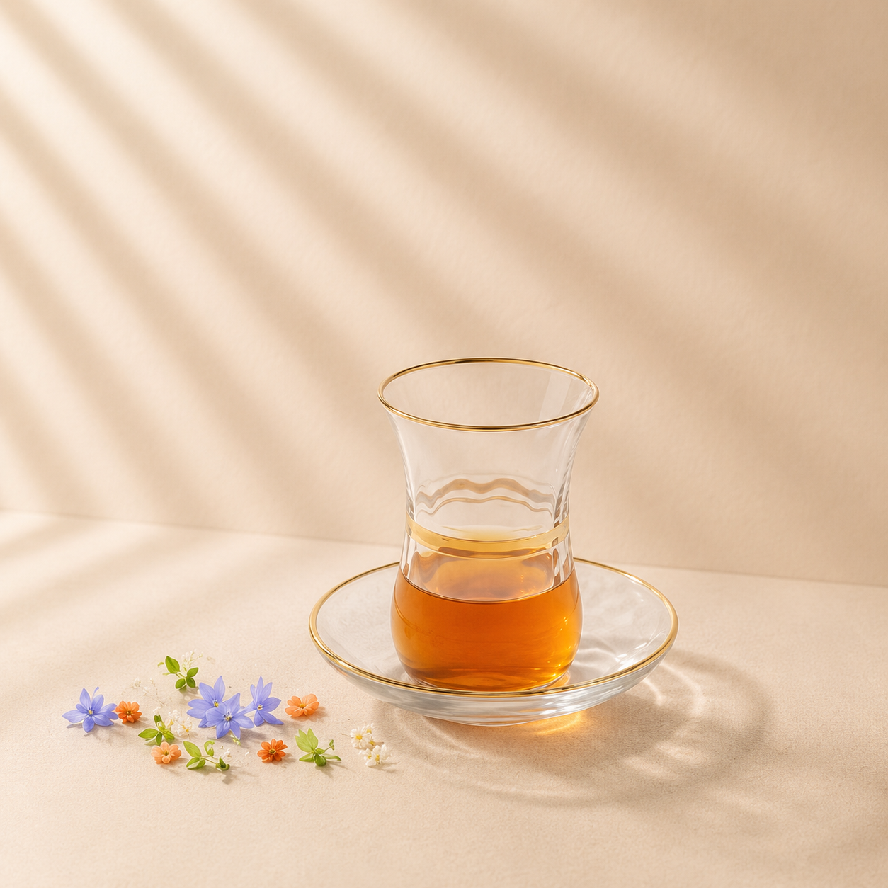 Clear Glass Cups with Gold Rim & Saucers Set of 6
