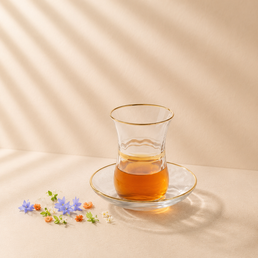 Clear Glass Cups with Gold Rim & Saucers Set of 6