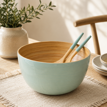Bamboo Salad Bowl & Salad Server - Ice Blue