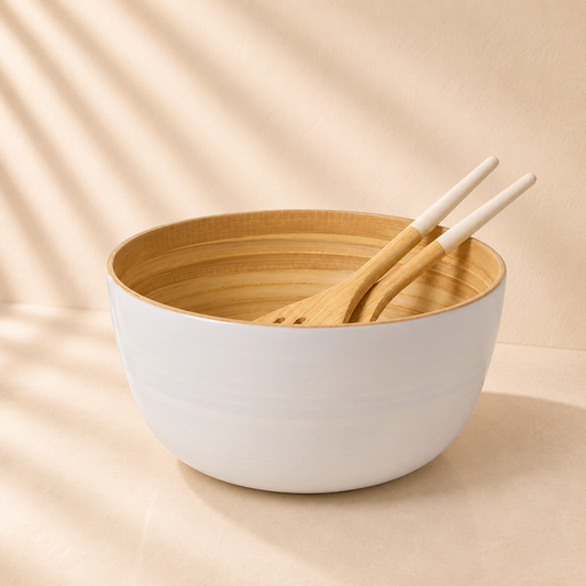 Bamboo Salad Bowl & Salad Server - White