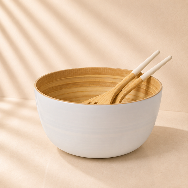 Bamboo Salad Bowl & Salad Server - White