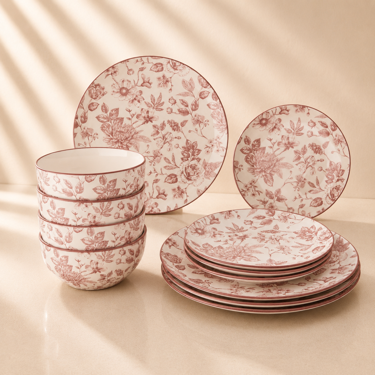 Dahlia Toile Vintage Pink Collection Dinnerware Set 12pcs