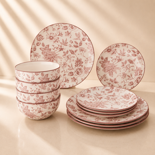 Dahlia Toile Vintage Pink Collection Dinnerware Set 12pcs