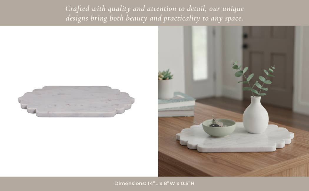 Decorative Tray - White Marble Oval Scallop Edge, 14 in.