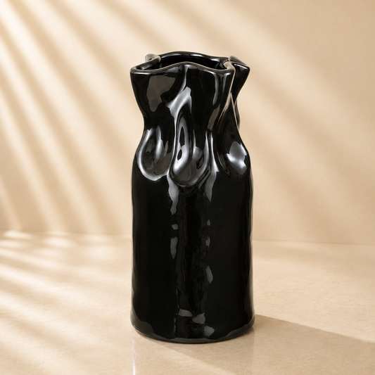 Cinched Ceramic Vase Glossy Black