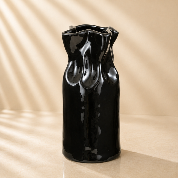 Cinched Ceramic Vase Glossy Black
