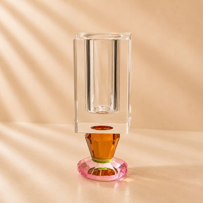Crystal Vase with Pink and Amber Base 9”