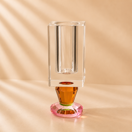 Crystal Vase with Pink and Amber Base 9”