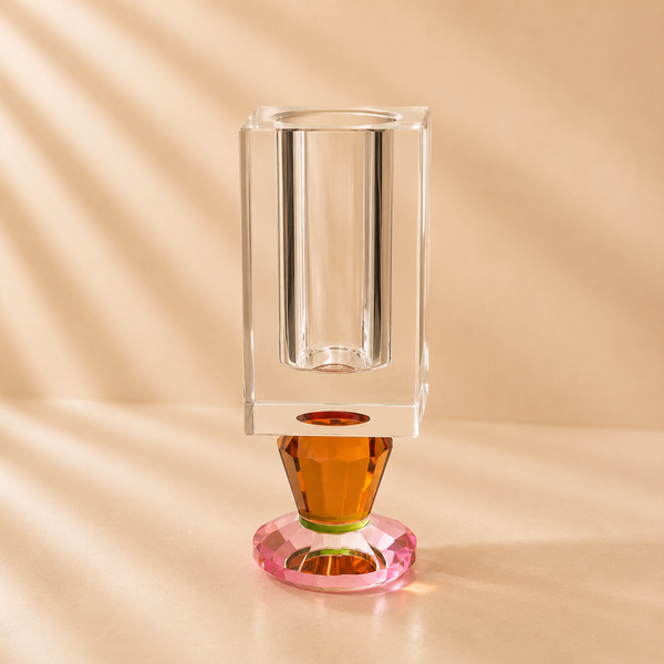 Crystal Vase with Pink and Amber Base 9”