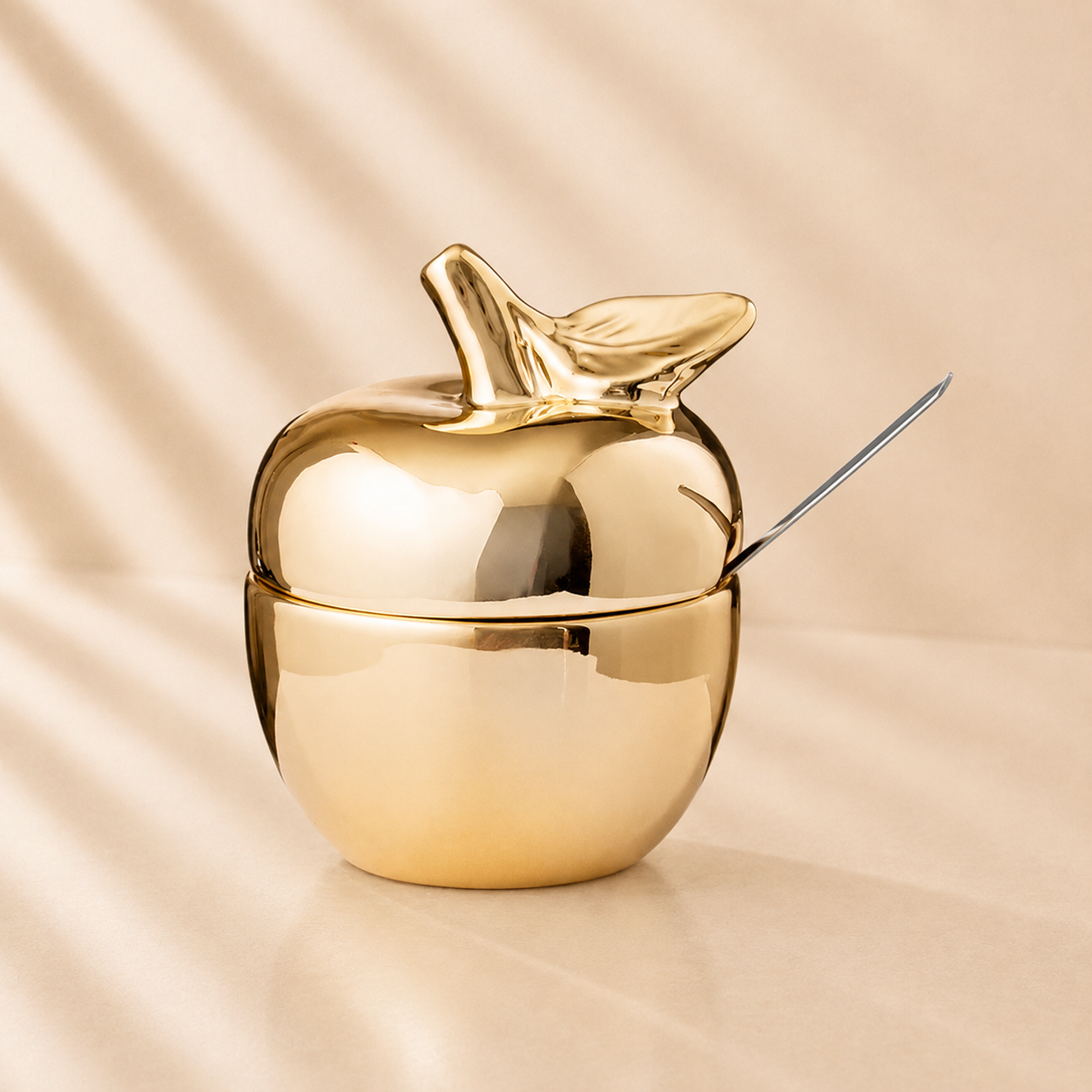 Gold Apple Honey Dish With Spoon