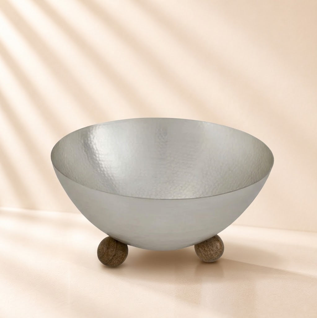 Temari Hammered Silver 10” Bowl with Brown Balls