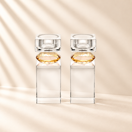 Set of 2 Tall Tea Light Candle Holders with Amber Diamond on Foot