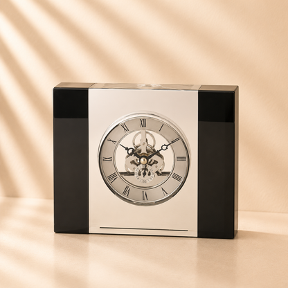 Silver Gears Black & Clear Crystal Glass Clock 5.5”