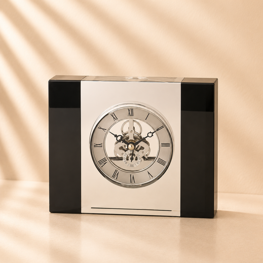 Silver Gears Black & Clear Crystal Glass Clock 5.5”