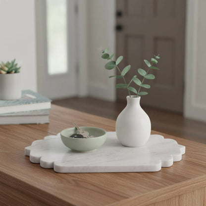 Decorative Tray - White Marble Oval Scallop Edge, 14 in.