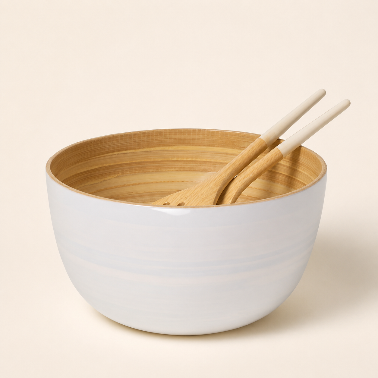 Bamboo Salad Bowl & Salad Server - White