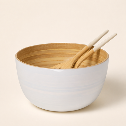 Bamboo Salad Bowl & Salad Server - White