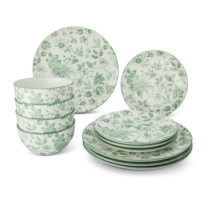 Dahlia Toile Serene Pine Collection Dinnerware Set 12pcs