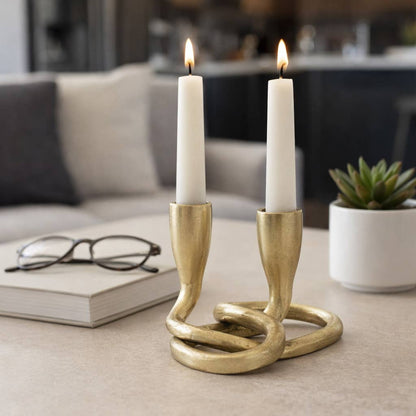 Candle Holder - Gold Metal Knotted 2-Taper, 6 in.