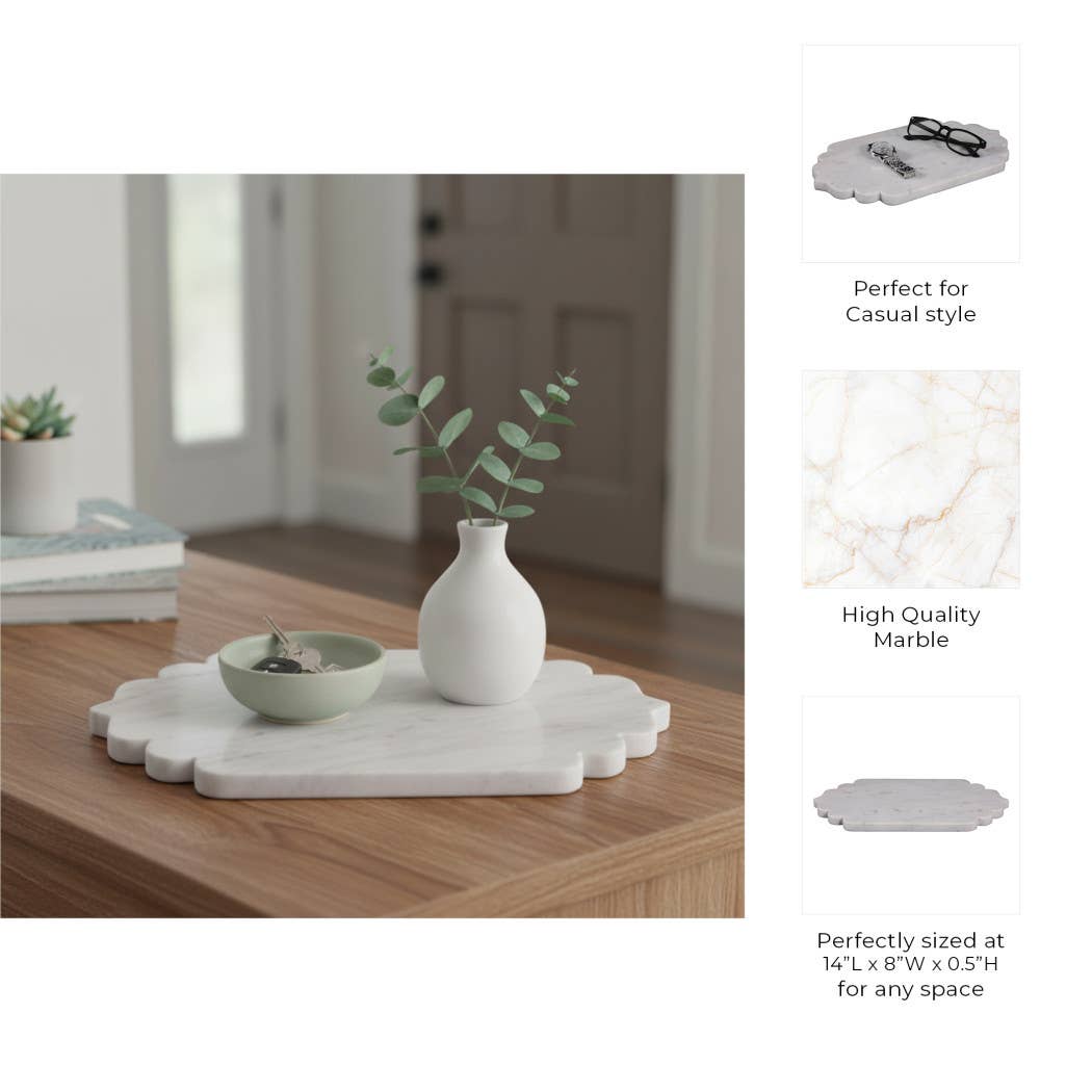 Decorative Tray - White Marble Oval Scallop Edge, 14 in.