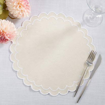 Round Scalloped Cotton Placemats: Natural / 15" Set of 4