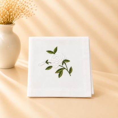 Washable White/Green Rose Napkin - 20” x 20” Set of 4