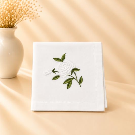 Washable White/Green Rose Napkin - 20” x 20” Set of 4