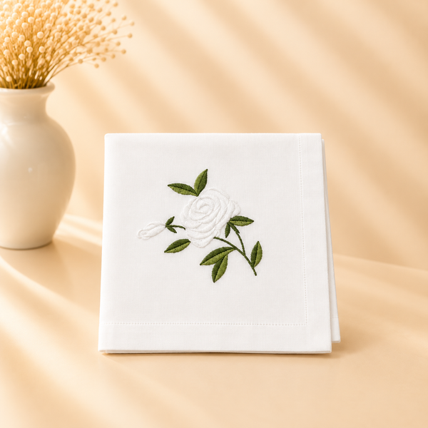 Washable White/Green Rose Napkin - 20” x 20” Set of 4