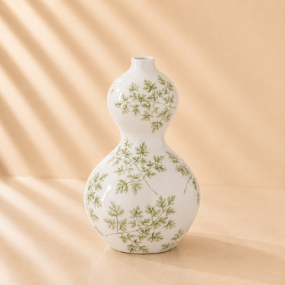 Green Foliage White shaped vase 9.75”