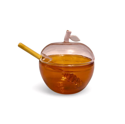 Glass Apple Honey Dish W/Spoon (Pink/Amber)