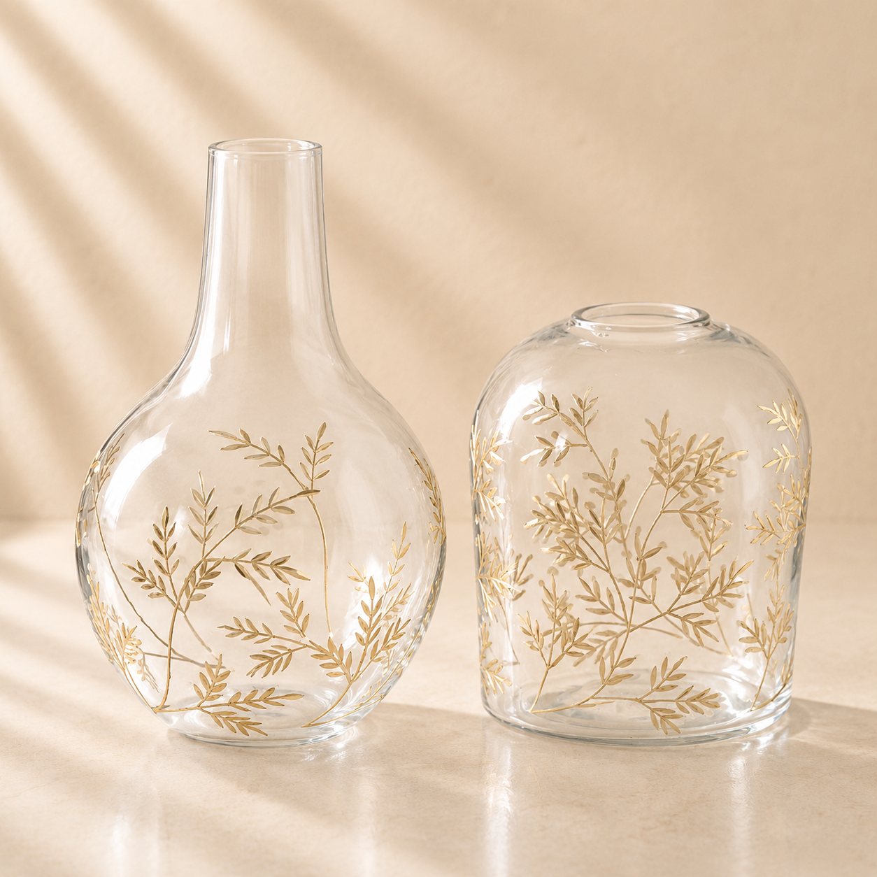 Gold Gilded Floral Etched Clear Glass Vases