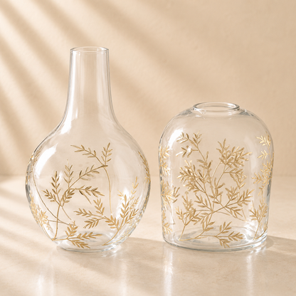 Gold Gilded Floral Etched Clear Glass Vases