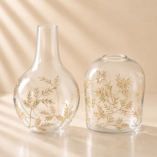 Gold Gilded Floral Etched Clear Glass Vases