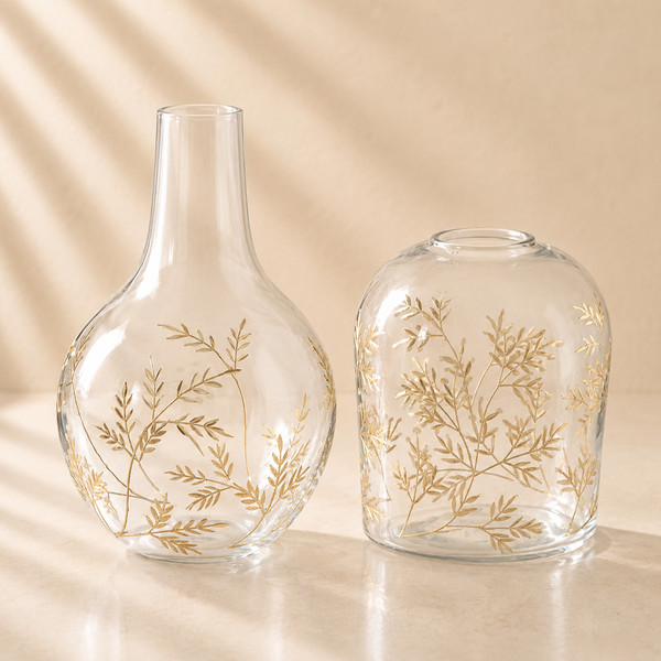 Gold Gilded Floral Etched Clear Glass Vases