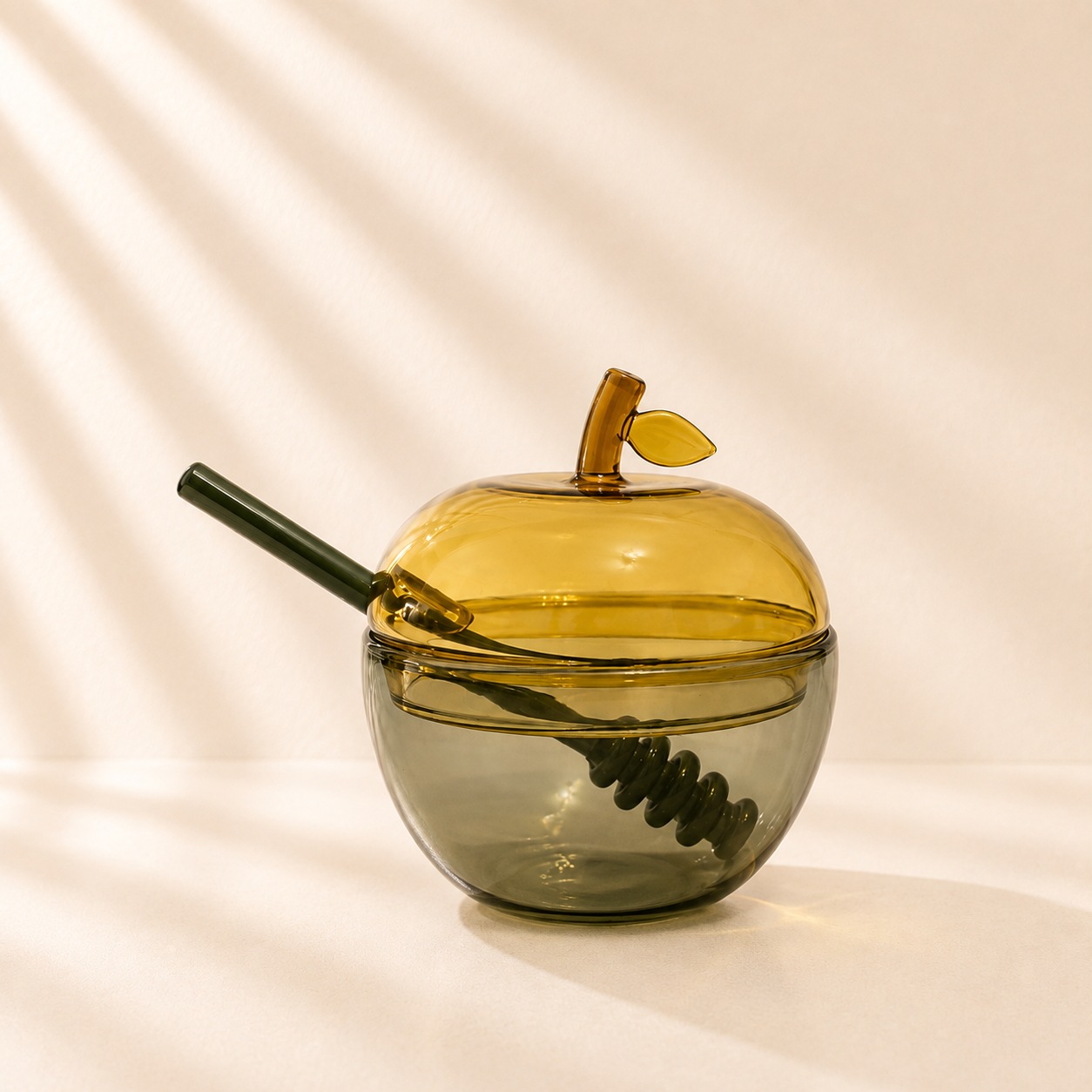 Glass Apple Honey Dish W/Spoon (Smoke/Yellow)