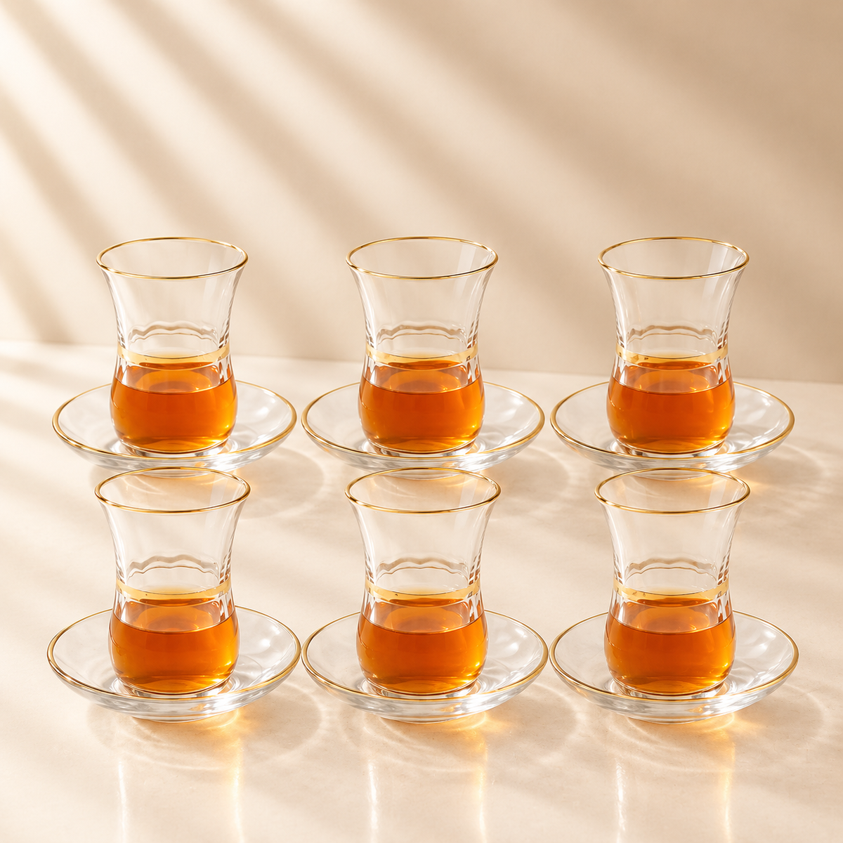 Clear Glass Cups with Gold Rim & Saucers Set of 6