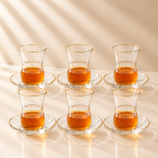 Clear Glass Cups with Gold Rim & Saucers Set of 6
