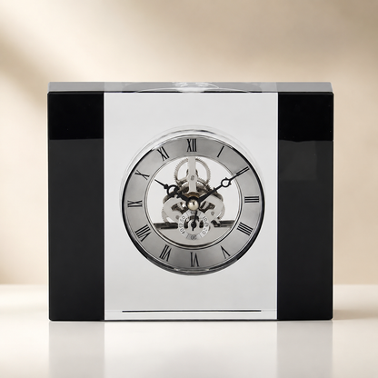 Silver Gears Black & Clear Crystal Glass Clock 5.5”